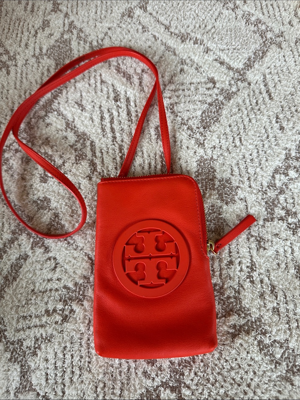 Tory Burch Coral Red Leather Phone Crossbody Bag Phone Holder Detachable Strap